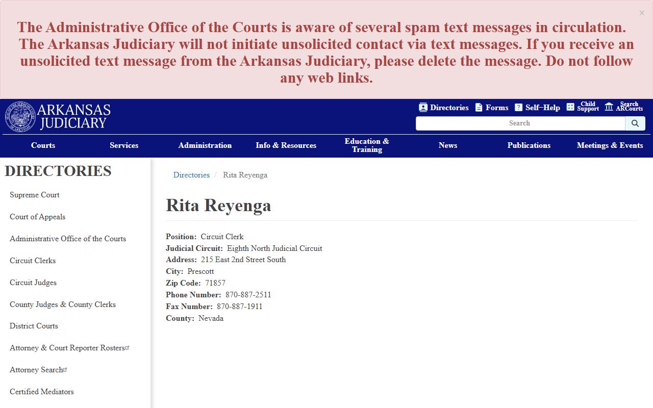 Nevada County court records Circuit Clerk Rita Reyenga directory entry